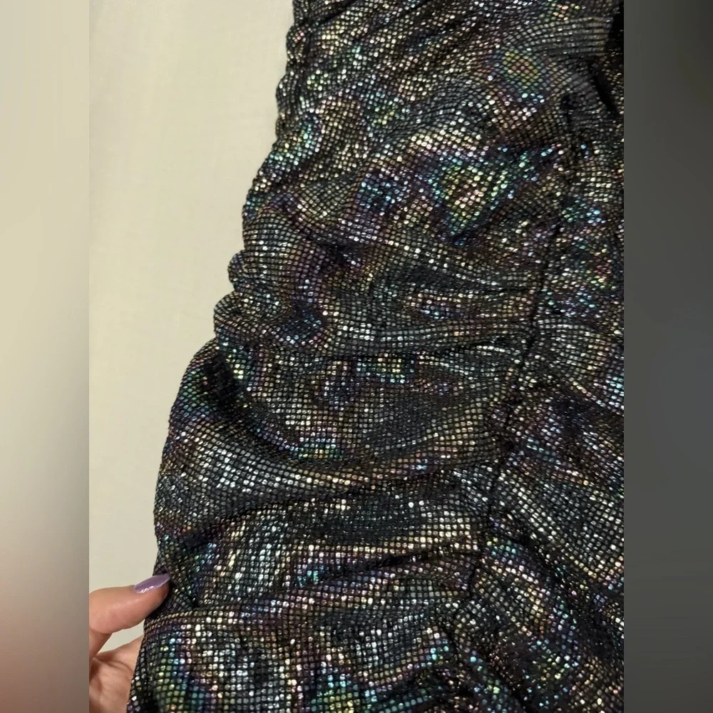 Zara Black Rainbow Metallic Cross Neck Halter Ruched Mini Dress XS
